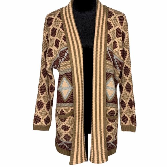 ENTRO Aztec Print Boho Tan Long Cardigan Sweater size Medium - Picture 2 of 9